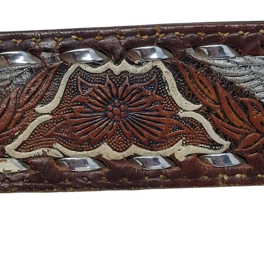 Handcrafted Brown Western Leather Belt Hand Painted Silver Eagle Embossing‎ 32